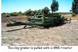 The Clay Grader is pulled with a four-wheel drive tractor